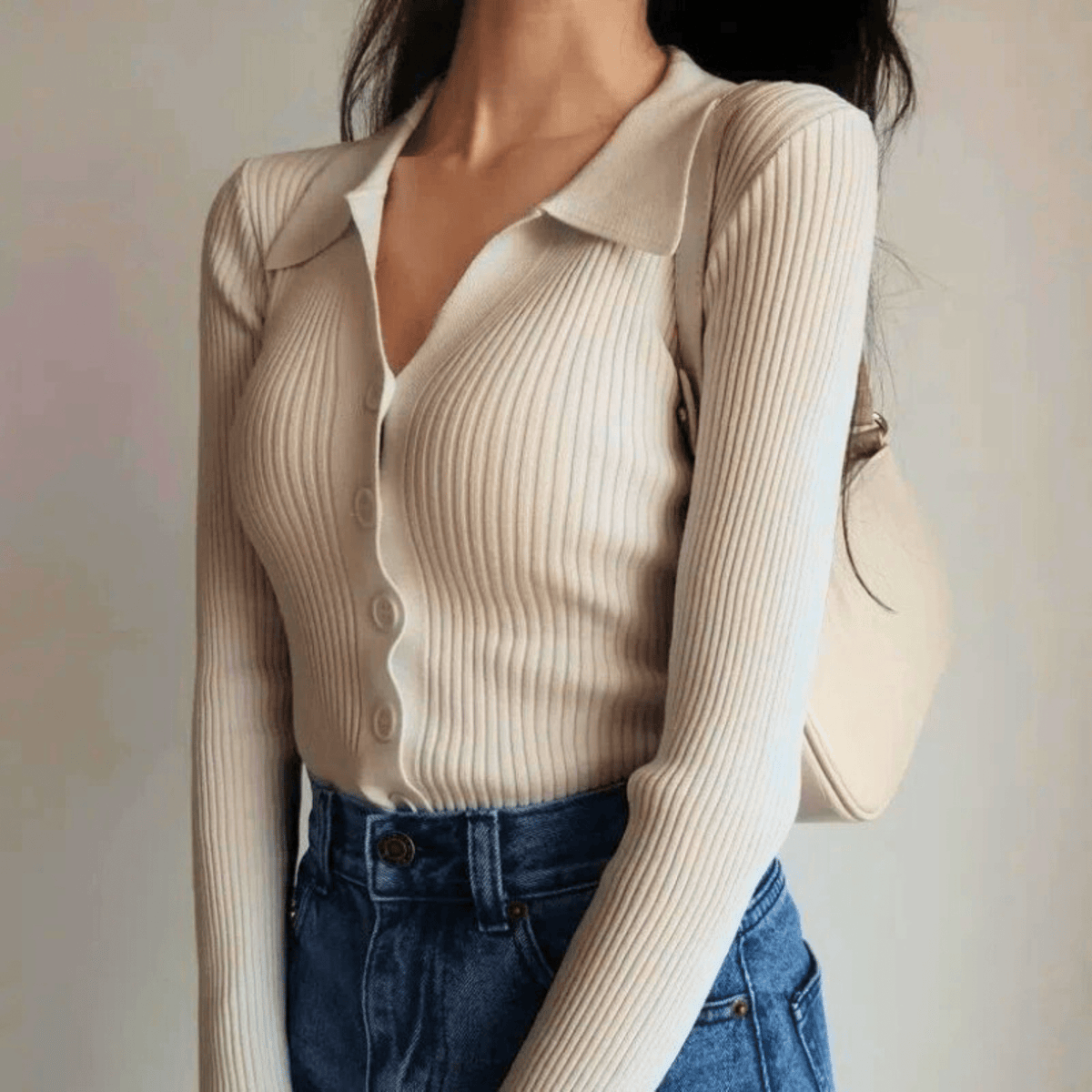 Collared Button Up Ribbed Top