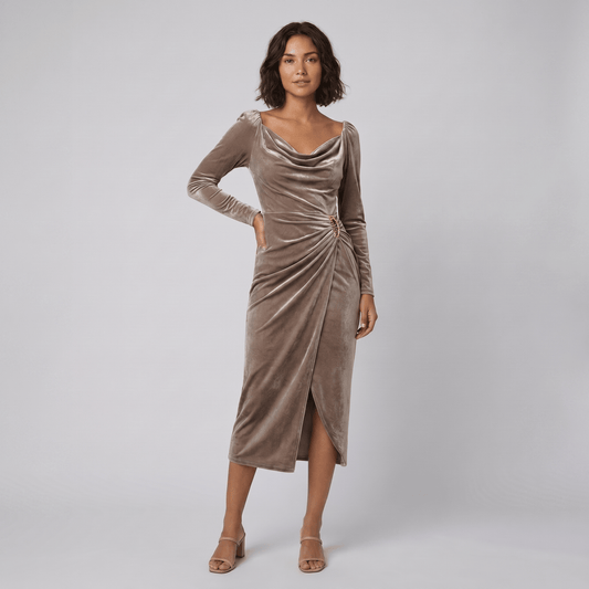 Ruffled Velvet Long-Sleeve Midi Dress