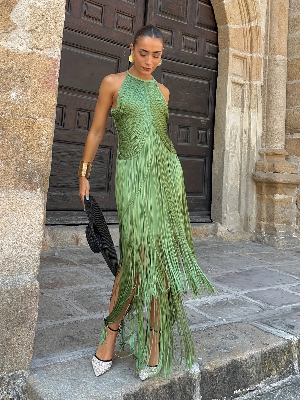 Fringe Halter Bodycon Midi Dress