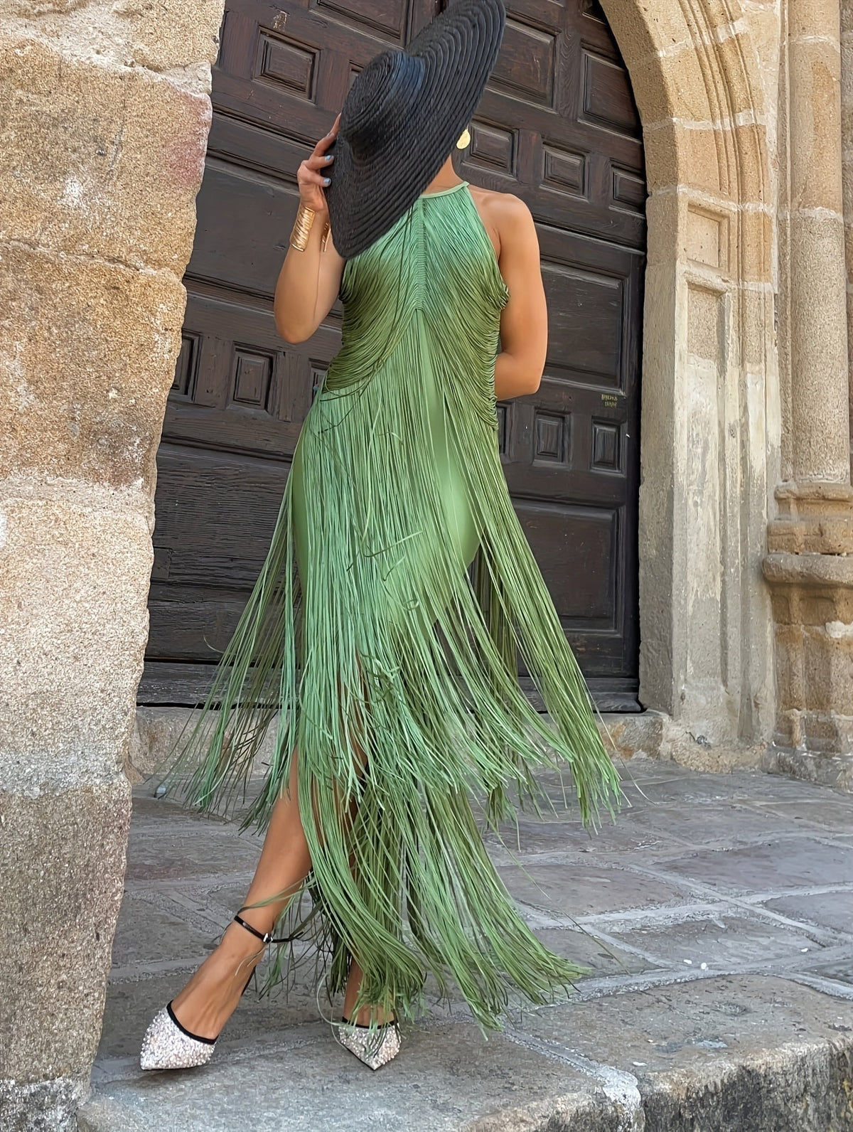 Fringe Halter Bodycon Midi Dress