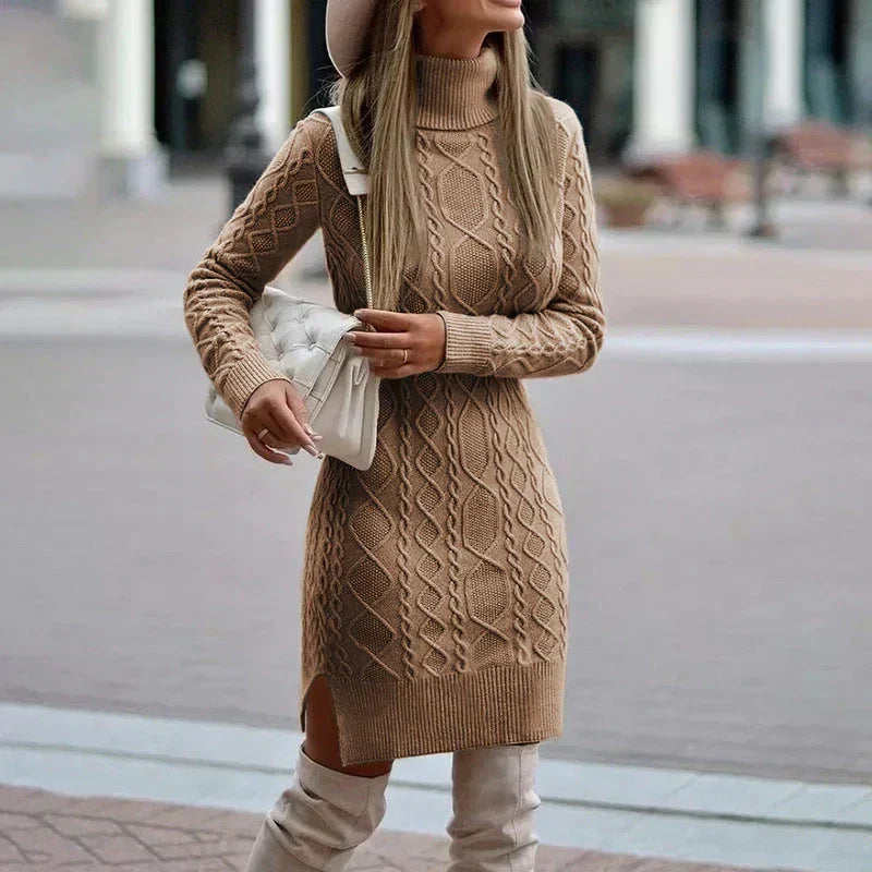 Cable Knit Sweater Dress with Roll Neck