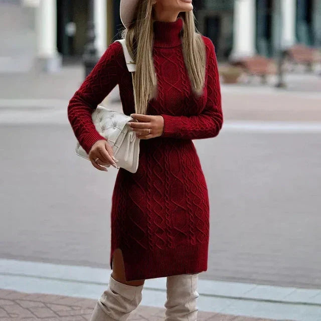 Cable Knit Sweater Dress with Roll Neck