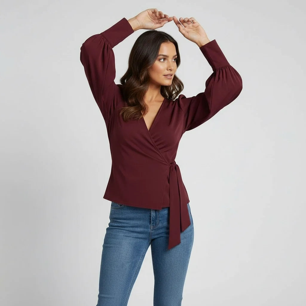 Puff-Sleeve Wrap Blouse